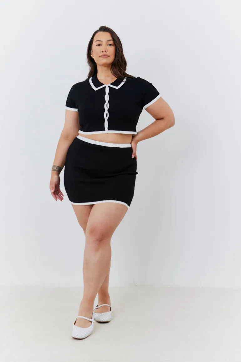 Contrast Piping Knit Co Ord Crop Top