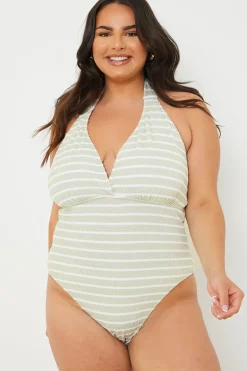 Control Crinkle Stripe Halter Swimsuit with Ruched Sides