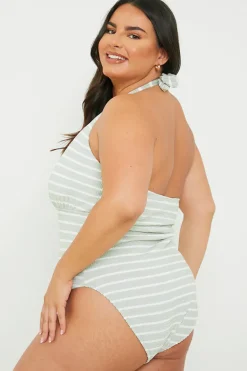 Control Crinkle Stripe Halter Swimsuit with Ruched Sides