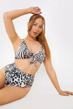 Control Ruched Detail Leopard Print High Waist Bikini Bottom