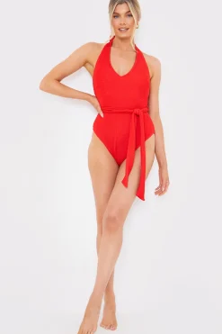 Control Textured Halter Neck Belted Swimsuit