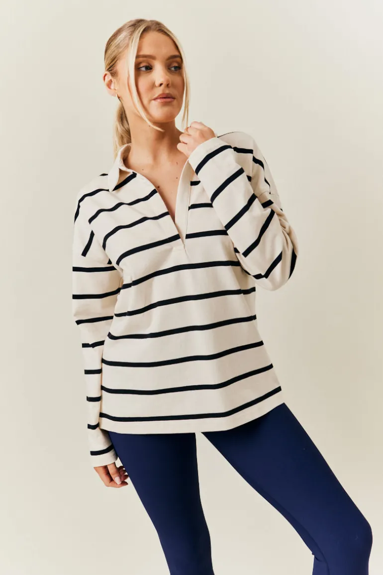 Cream & Black 90's Stripe Long Sleeve Rugby Shirt
