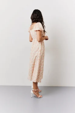 Cream Floral Print Puff Sleeve Milkmaid Midi Dress