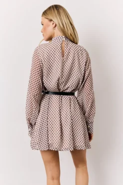 Cream Geometric Print Chiffon High Neck Mini Swing Dress