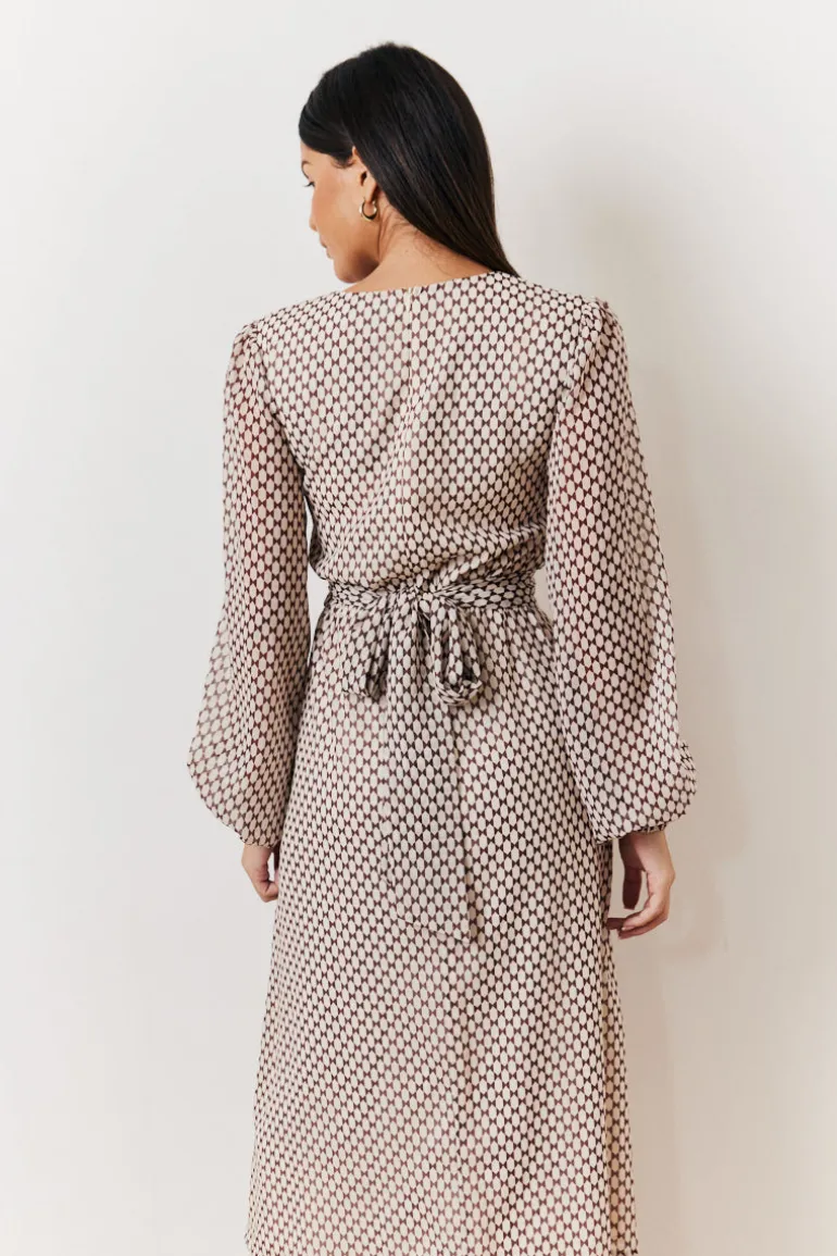 Cream Geometric Print Chiffon Balloon Sleeve Wrap Midi Dress