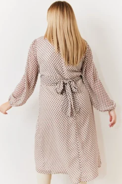 Cream Geometric Print Chiffon Balloon Sleeve Wrap Midi Dress
