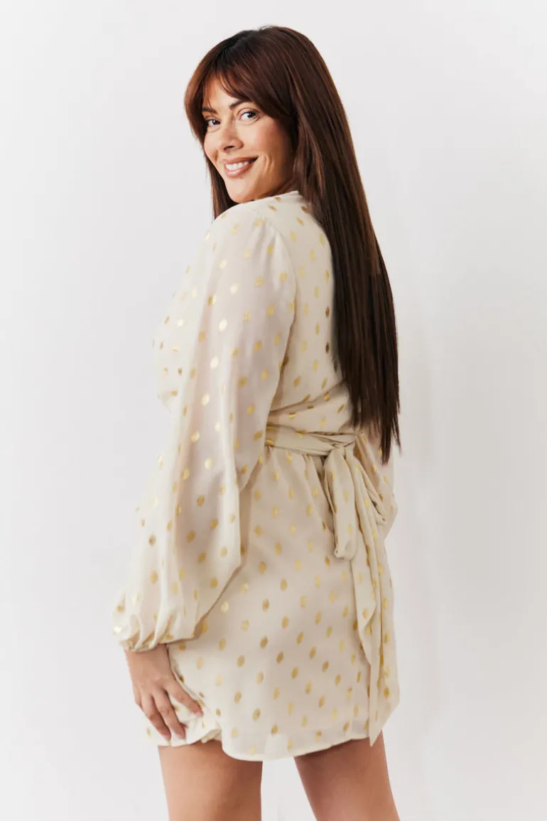 Cream Gold Fleck Detail Belted Mini Dress