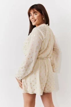 Cream Gold Fleck Detail High Neck Belted Playsuit