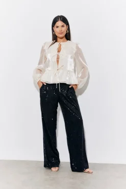 Cream Organza Tie Front Puff Sleeve Top