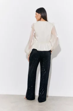 Cream Organza Tie Front Puff Sleeve Top