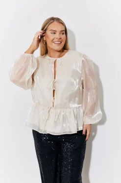 Cream Organza Tie Front Puff Sleeve Top