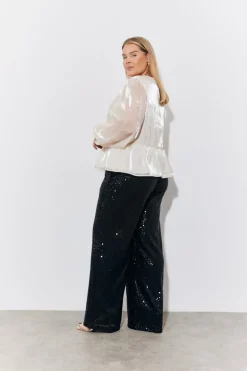 Cream Organza Tie Front Puff Sleeve Top