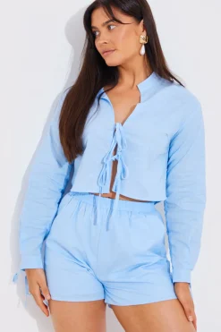 Cropped Tie Front Linen Look Co-Ord Shirt