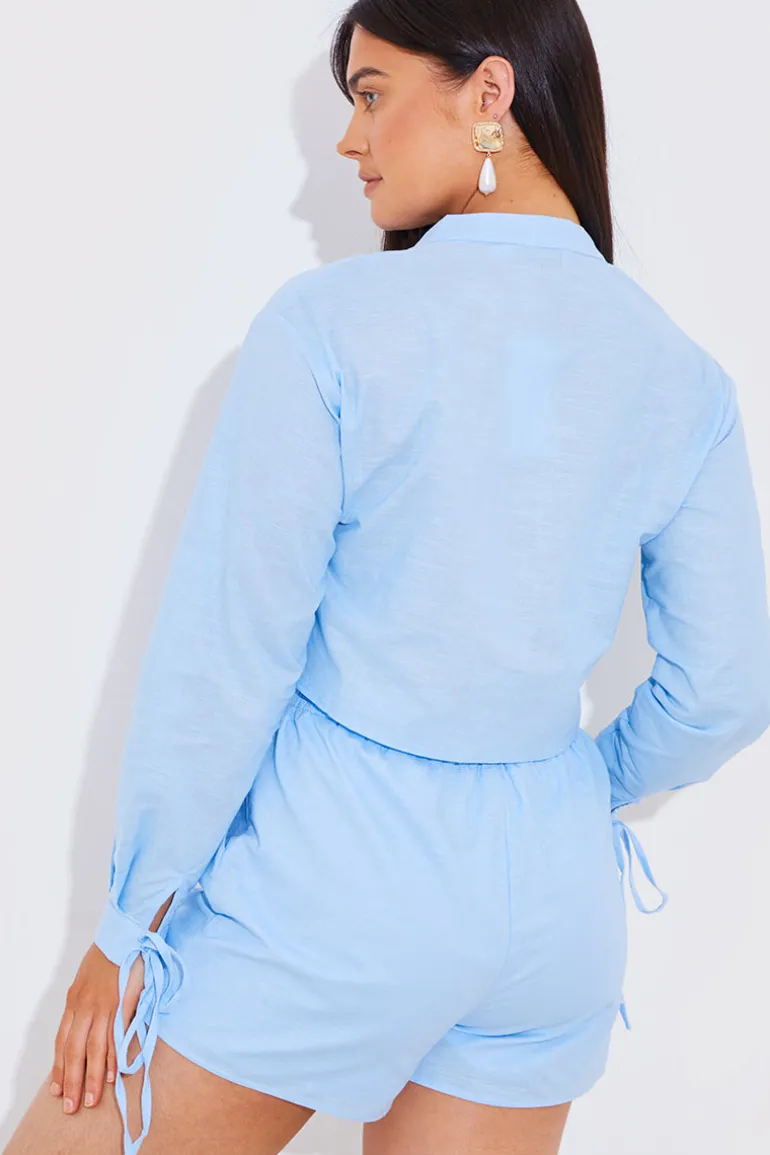 Cropped Tie Front Linen Look Co-Ord Shirt