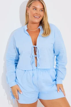 Cropped Tie Front Linen Look Co-Ord Shirt