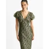 Dark Green Viscose Clipped Gold Jacquard Bias Cut Maxi Dress