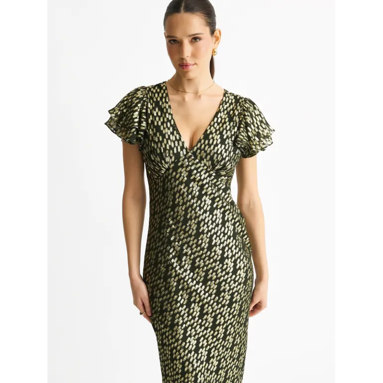 Dark Green Viscose Clipped Gold Jacquard Bias Cut Maxi Dress