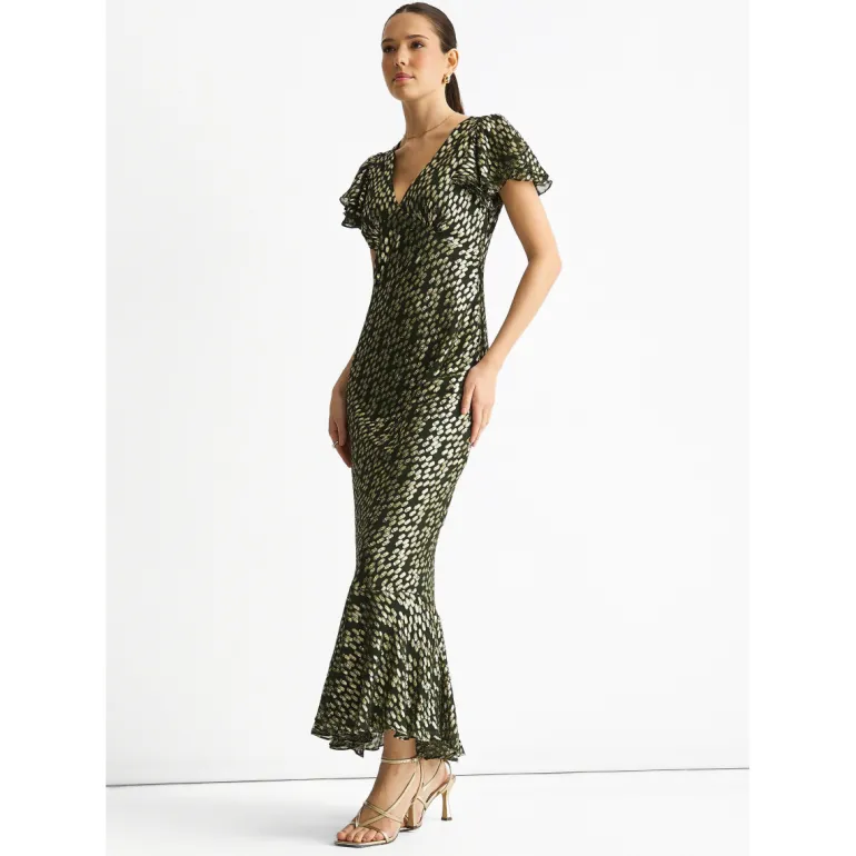 Dark Green Viscose Clipped Gold Jacquard Bias Cut Maxi Dress