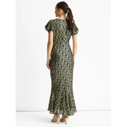 Dark Green Viscose Clipped Gold Jacquard Bias Cut Maxi Dress