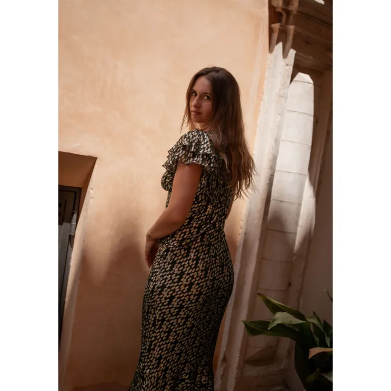Dark Green Viscose Clipped Gold Jacquard Bias Cut Maxi Dress