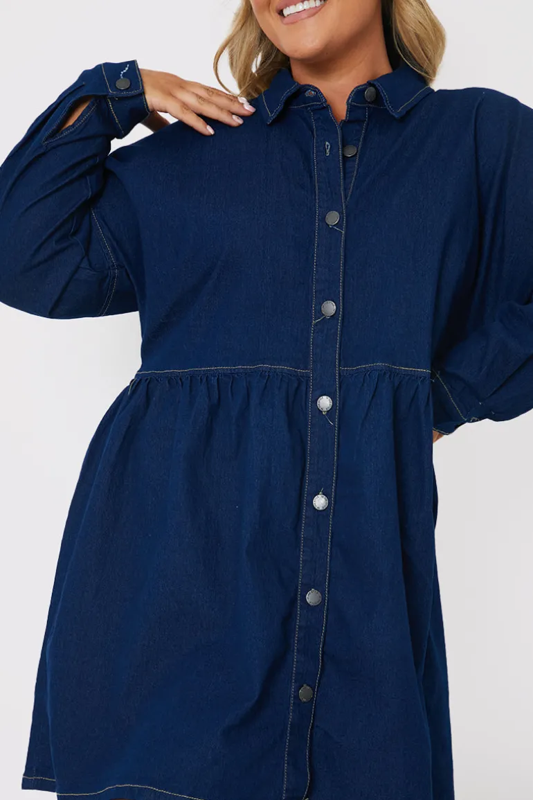 Dark Wash Denim Mini Smock Shirt Dress