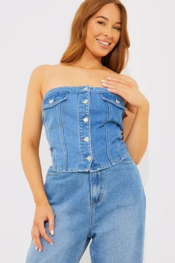 Denim Button Through Bandeau Top