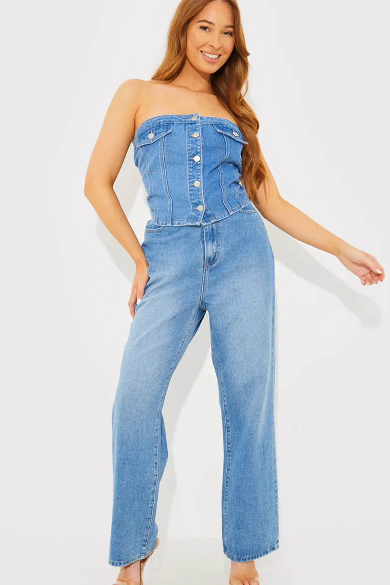 Denim Button Through Bandeau Top