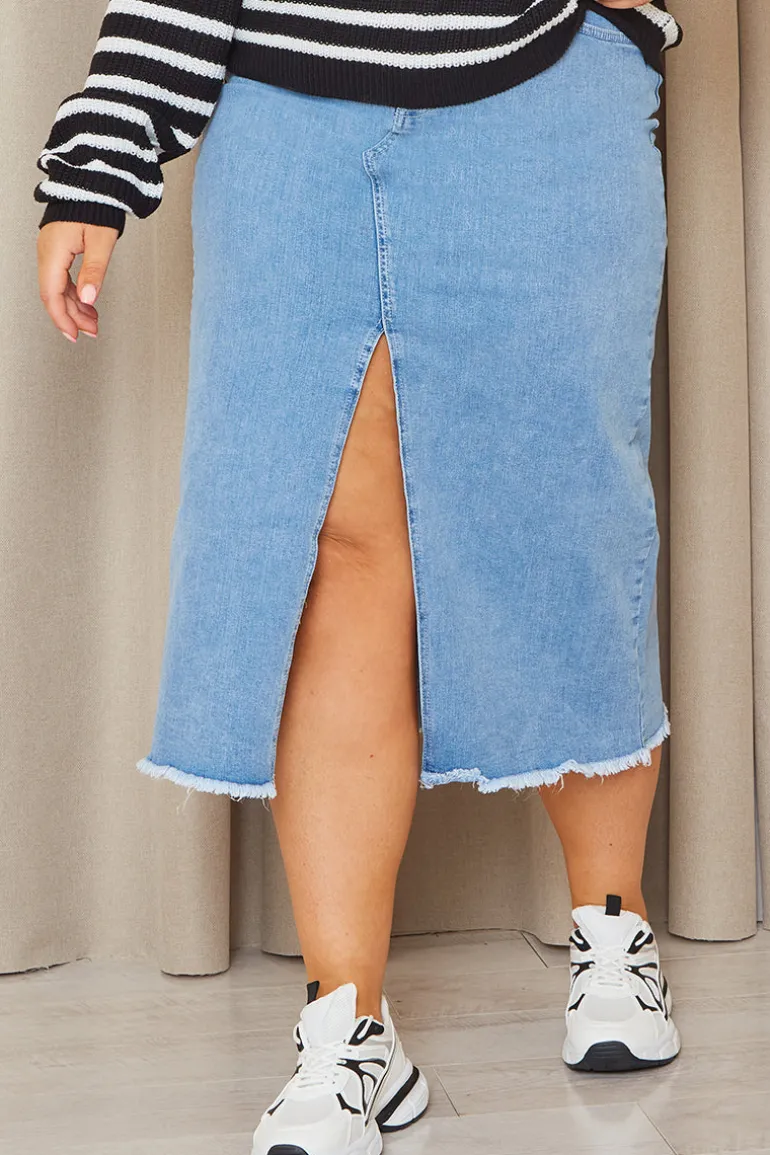 Denim Split Detail Midi Skirt