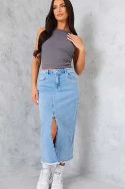 Denim Split Detail Midi Skirt