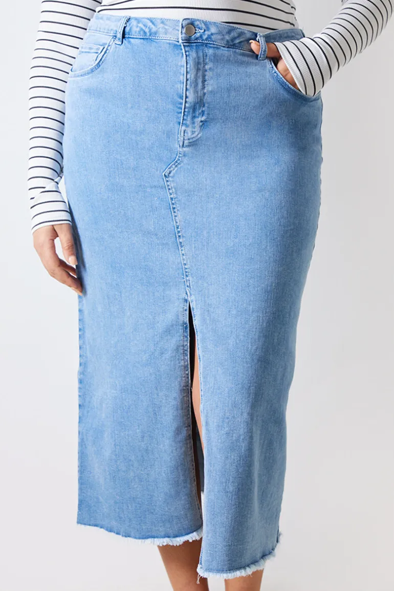 Denim Split Detail Midi Skirt