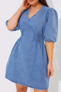 Denim V Neck Shirred Waist Tie Back Mini Dress