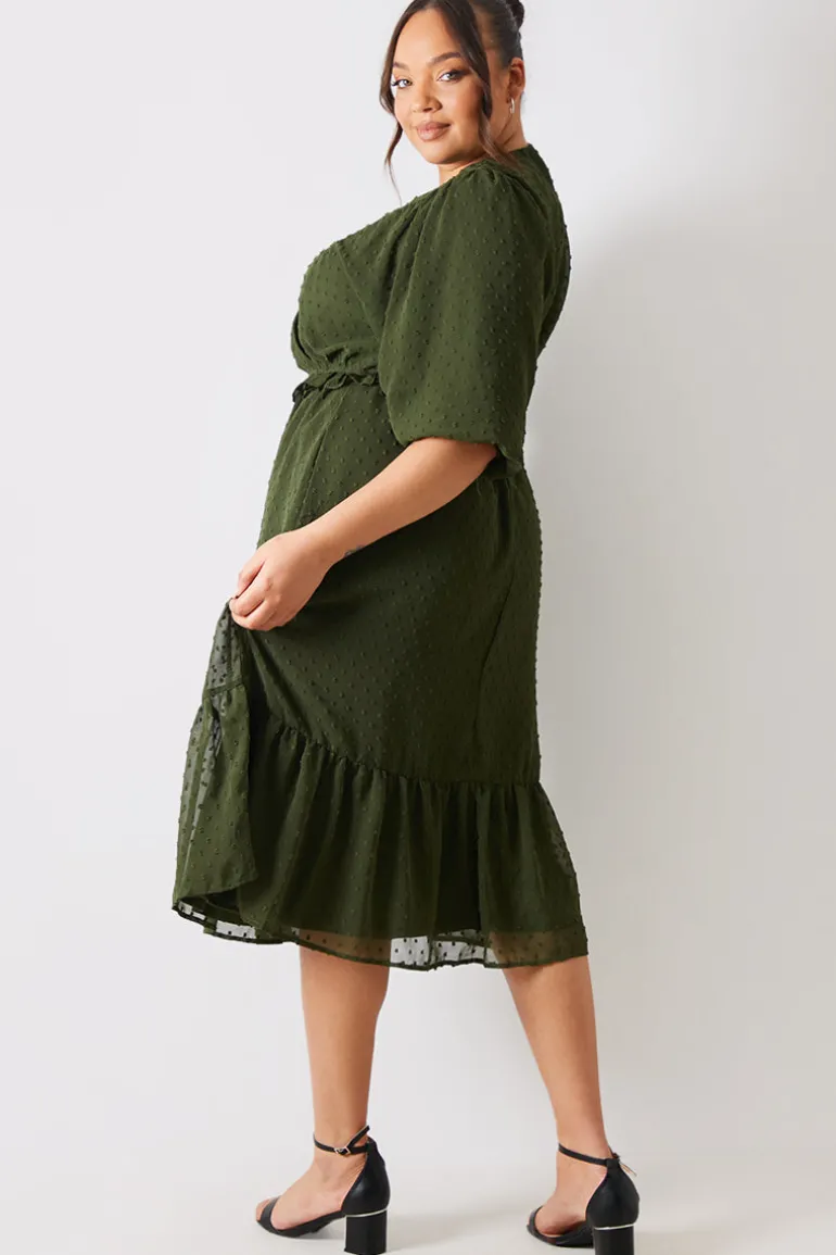 Dobby Chiffon Frill Detail Midi Dress