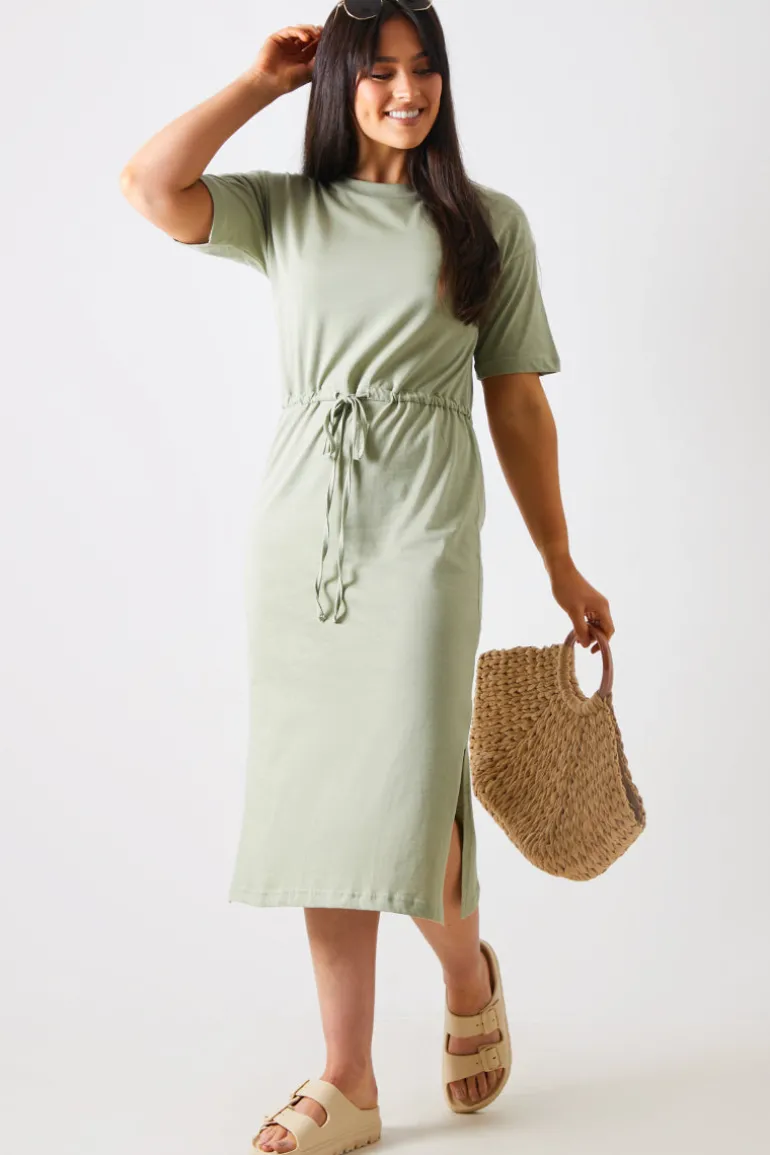 DRAWSTRING WAIST SPLIT HEM TSHIRT DRESS