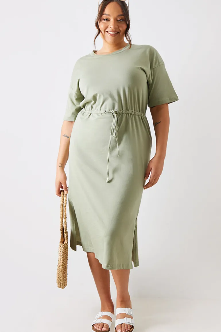 DRAWSTRING WAIST SPLIT HEM TSHIRT DRESS