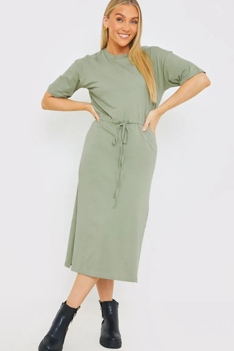 DRAWSTRING WAIST SPLIT HEM TSHIRT DRESS