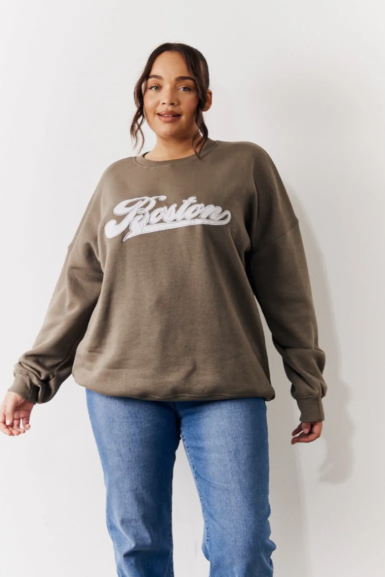 Embroidered Boston Slogan Crew Neck Sweater