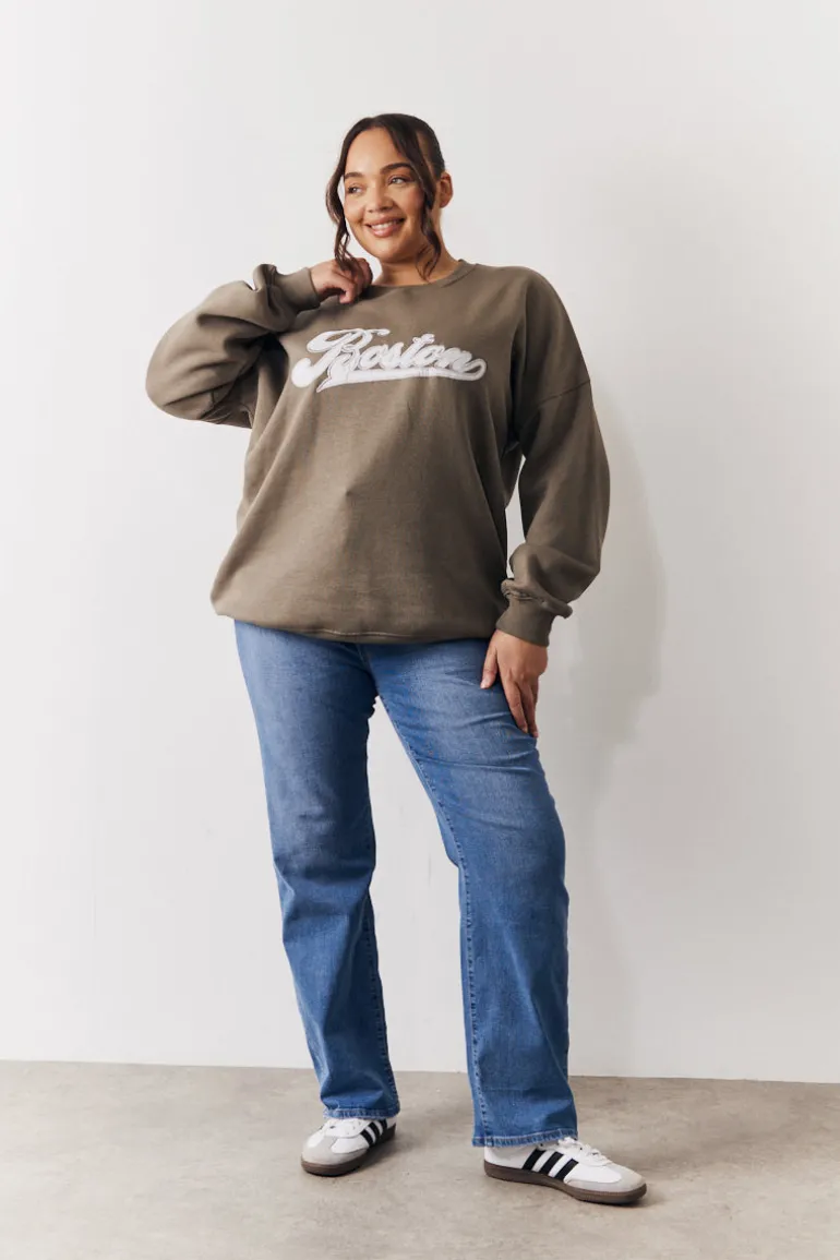 Embroidered Boston Slogan Crew Neck Sweater