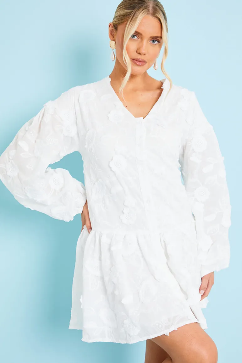 Floral Applique Drop Waist Mini Smock Dress