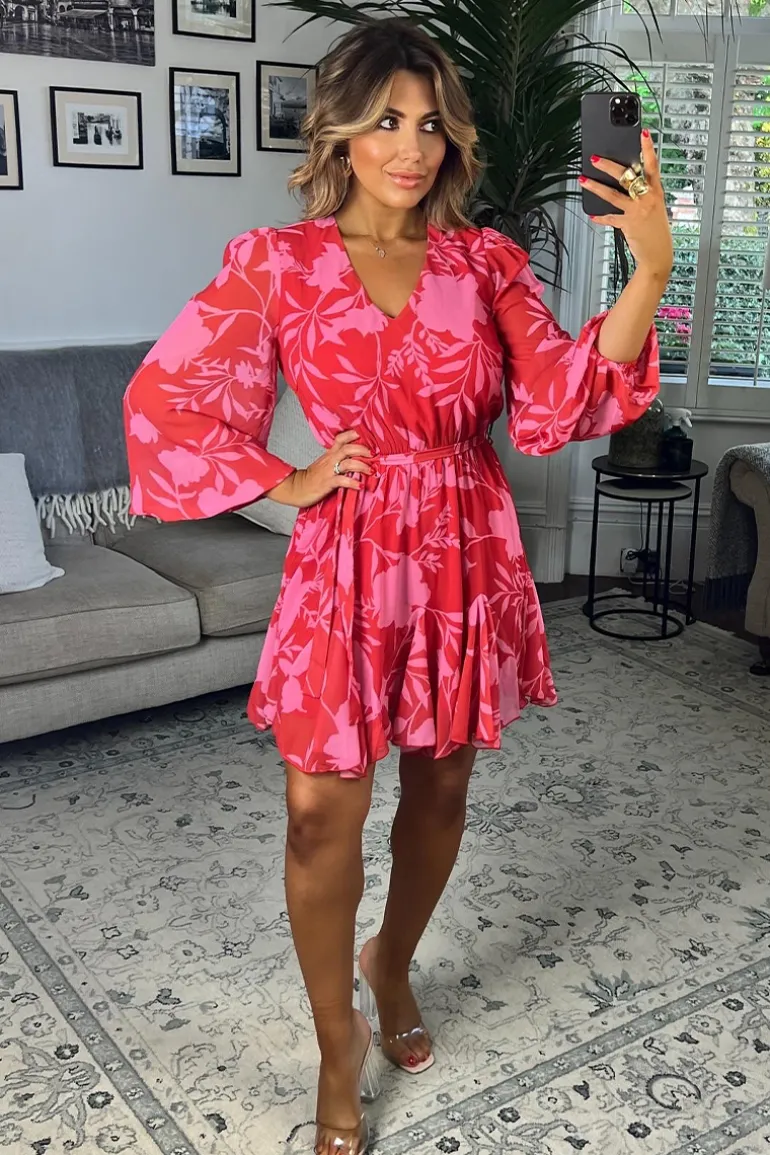 Floral Balloon Sleeve Godet Skater Mini Dress