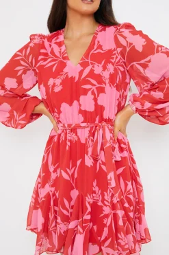 Floral Balloon Sleeve Godet Skater Mini Dress