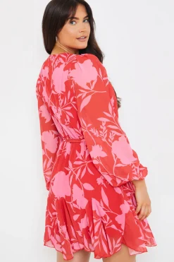 Floral Balloon Sleeve Godet Skater Mini Dress