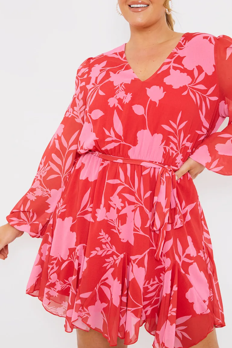 Floral Balloon Sleeve Godet Skater Mini Dress