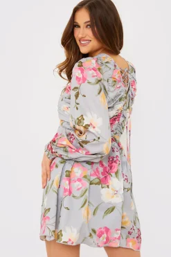 Floral Balloon Sleeve Ruched Bodice Playsuit