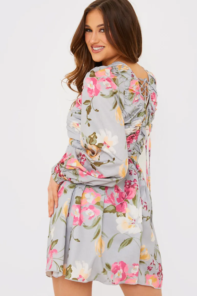 Floral Balloon Sleeve Ruched Bodice Playsuit