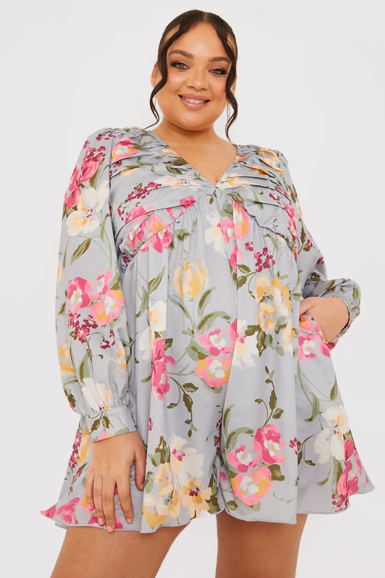 Floral Balloon Sleeve Ruched Bodice Playsuit