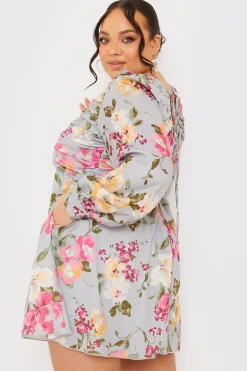 Floral Balloon Sleeve Ruched Bodice Playsuit