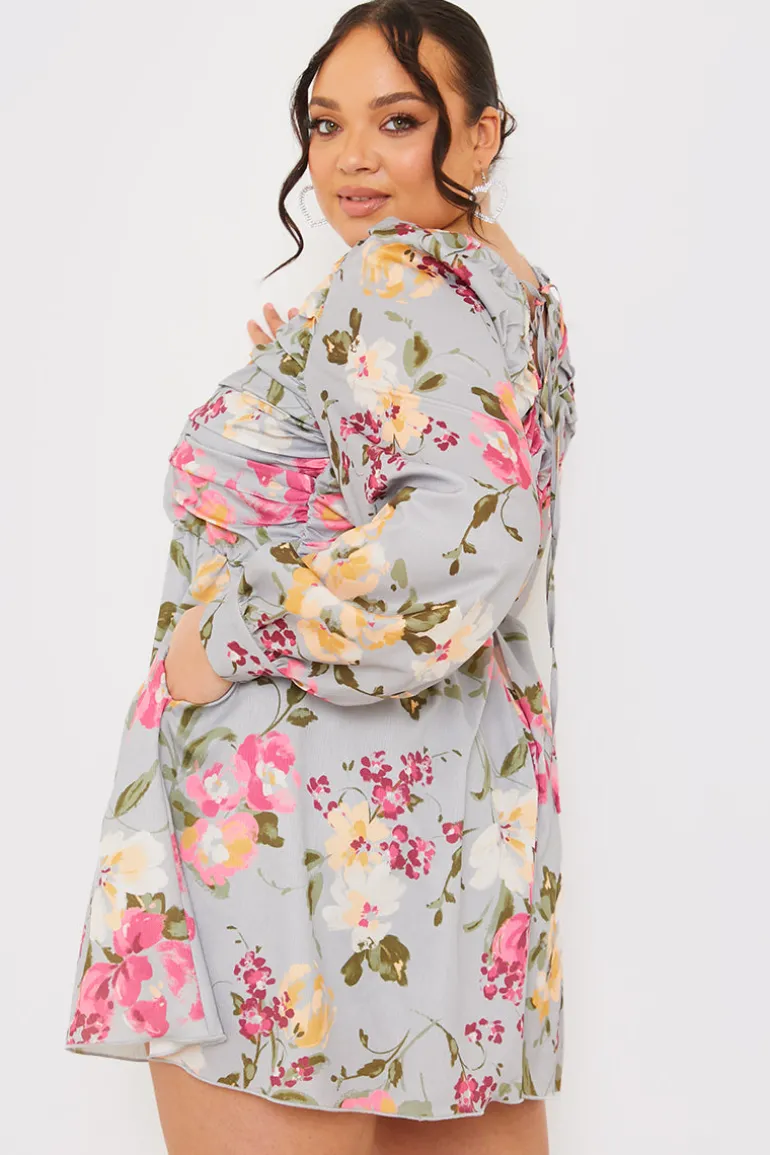 Floral Balloon Sleeve Ruched Bodice Playsuit
