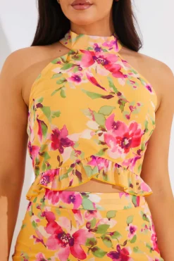 Floral Chiffon Halter Co-Ord Crop Top