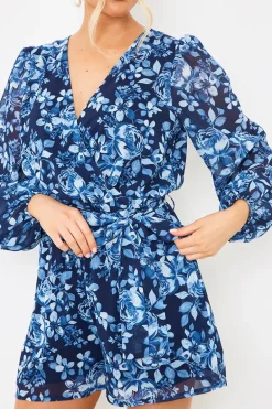 Floral Chiffon Wrap Belted Balloon Sleeve Playsuit