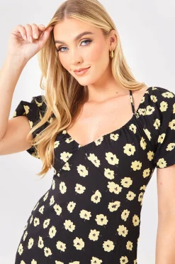 Floral Plunge Short Sleeve Midi Dress